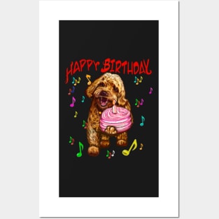 Happy birthday greetings, - Cavapoo puppy dog With birthday cake and candle  - cavalier king charles spaniel poodle, puppy love Posters and Art